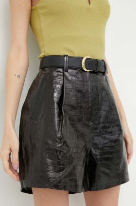 2NDDAY pantaloni scurti de piele femei, culoarea negru, neted, high waist