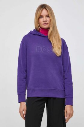 BOSS Orange hanorac de bumbac femei, culoarea violet, cu glugă, imprimeu 50501150