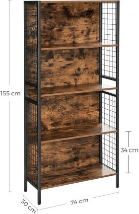 Biblioteca cu 4 rafturi, Vasagle 74 x 30 x 154.5 cm, PAL/otel, maro rustic