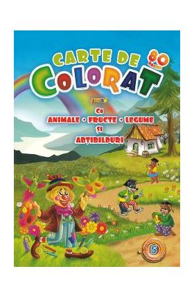 Carte de colorat jumbo 5 cu animale, fructe, legume si abtibilduri