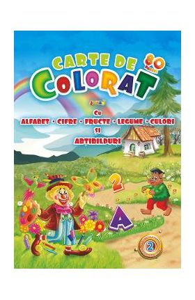 Carte de colorat Jumbo cu alfabet, cifre, fructe, legume, culori si abtibilduri