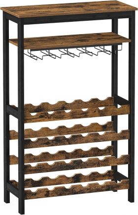 Dulap pentru sticle de vin Vasagle, 24 sticle, 66 x 30 x 100 cm, MDF/bambus/otel, maro rustic