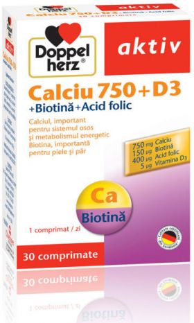 DOPPELHERZ AKTIV CALCIU 750MG+VITAMINA D3+ACID FOLIC+BIOTINA 30 COMPRIMATE