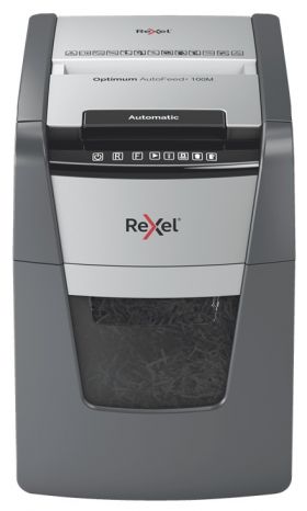 Distrugator Documente Automat Rexel Optimum 100m, P5, Micro-cut (particule), 100 Coli, Cos 34l, Negru