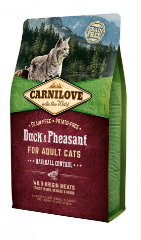 Carnilove Hairball Control, Rață și Fazan, hrană uscată fără cereale pisici, limitarea ghemurilor de blană, 2kg