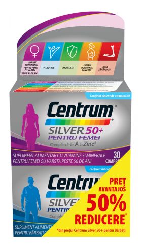 CENTRUM SILVER 50+ PACHET FEMEI*30 CPR + BARBATI*30 CPR 1 + 50% LA AL DOILEA PRODUS