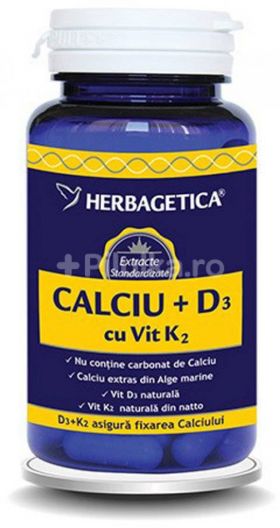 CALCIU + D3 + VITAMINA K2, Herbagetica 30 capsule