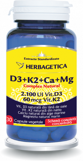 Complex Natural D3+K2+Ca, 30 capsule vegetale, Herbagetica