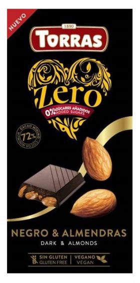 Ciocolata neagra cu migdale fara zahar si gluten 72% cacao Zero, 150g, Torras