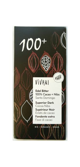 Ciocolata 100% cacao si bucati de ciocolata Bio, 100g, Vivani