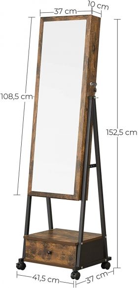 Cabinet bijuterii cu oglinda, Vasagle, 41.5 x 37 x 152.5 cm, MDF/otel, maro rustic