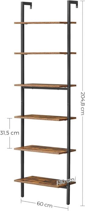 Biblioteca / raft tip scara Vasagle, 60 x 30 x 204.8 cm, cu fixare pe perete, PAL/otel, maro rustic