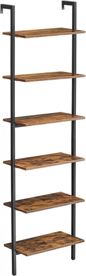 Biblioteca / raft tip scara Vasagle, 60 x 30 x 204.8 cm, cu fixare pe perete, PAL/otel, maro rustic