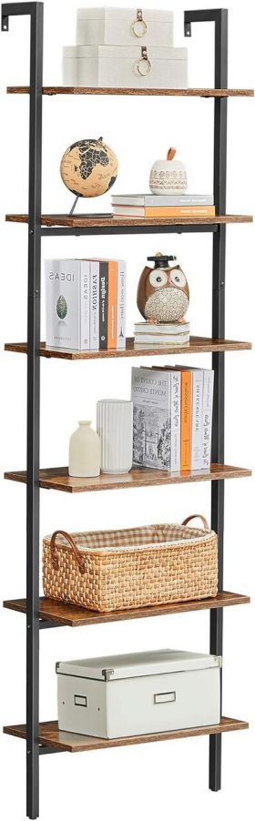 Biblioteca / raft tip scara Vasagle, 60 x 30 x 204.8 cm, cu fixare pe perete, PAL/otel, maro rustic